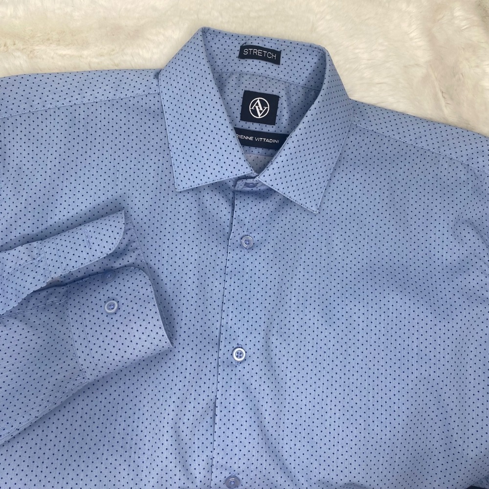 Adrienne Vittadini‎ Mens Blue Polka Dot Stretch Dress Shirt M 15.5 32/33
